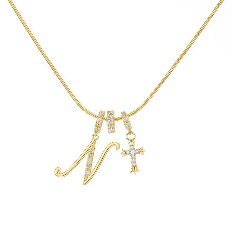 Sweet 22K Gold Plated Letter Titanium Steel Pendant Brass Cable Chain Necklace Unisex