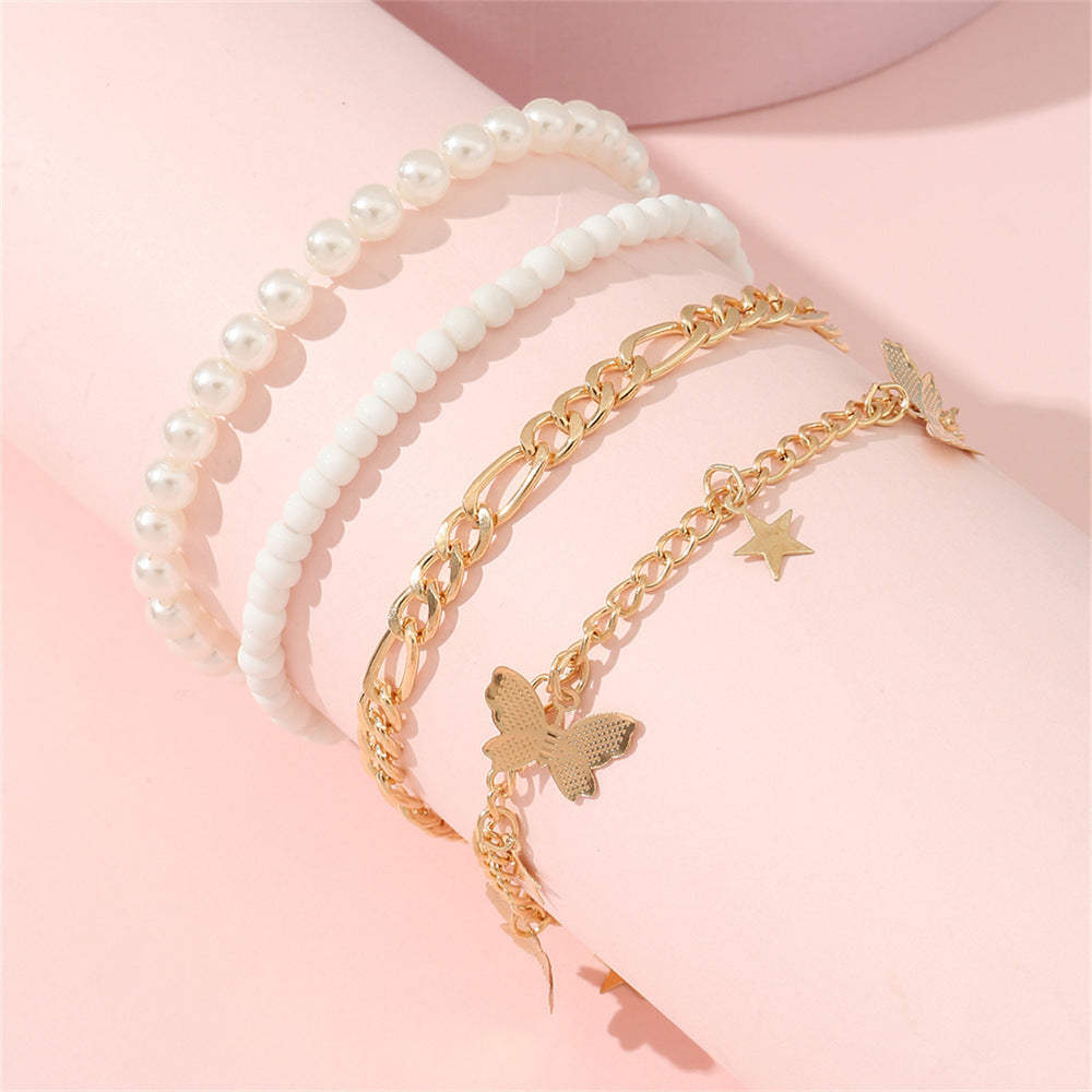 Set di cavigliere vintage minimaliste con farfalla e perle da 4 mm per donna