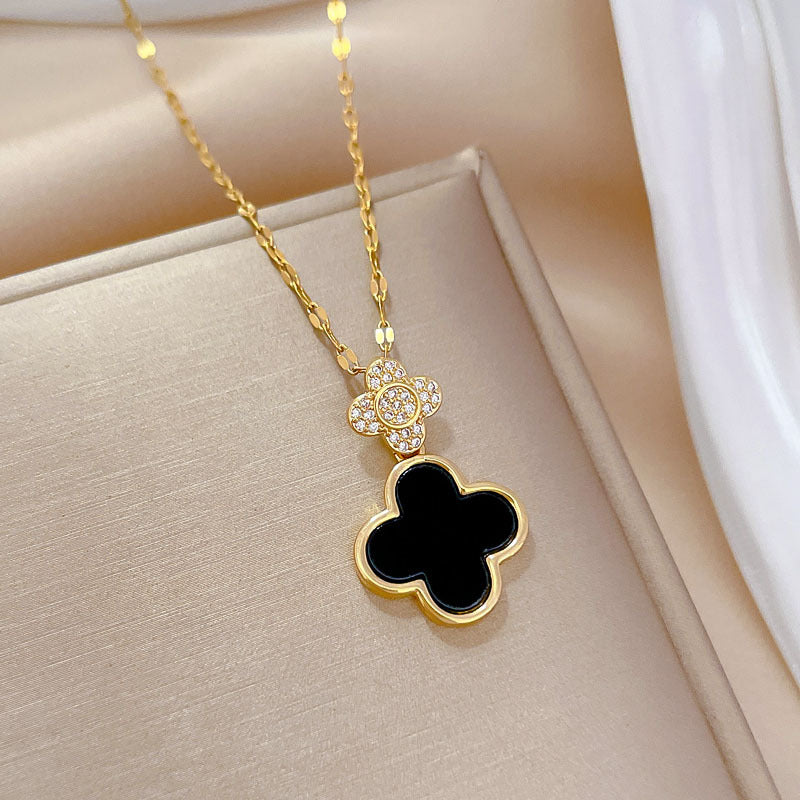 Minimalist Geometric Seashell and Four-Leaf Clover Pendant Necklace in Titanium Steel with Stainless Steel Chain for Women and Men
