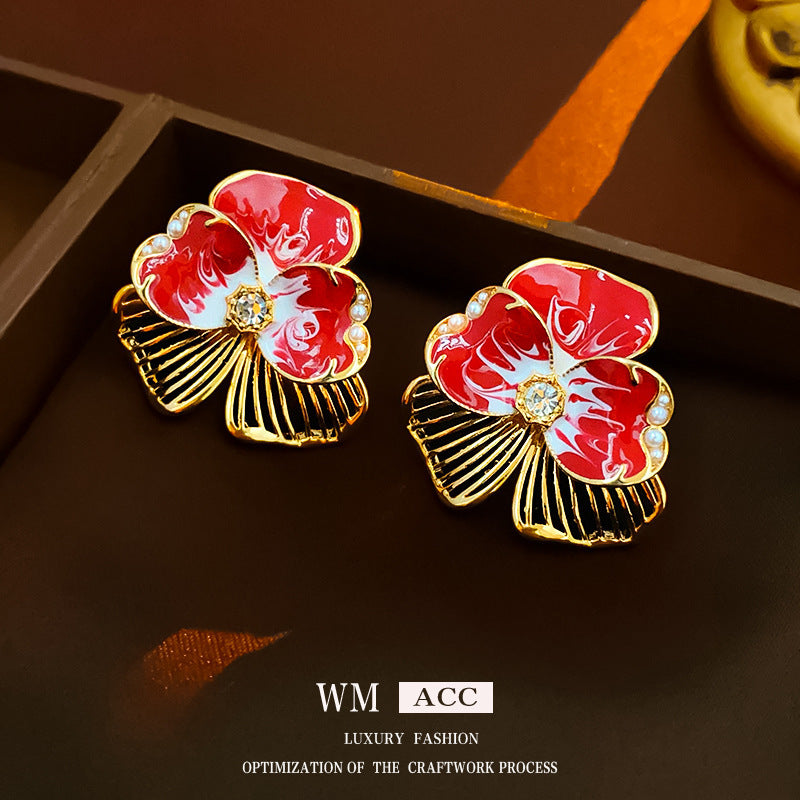 Vintage Floral Geometric Earrings with Rhinestone Inlay and Enamel Finish in Brass with Steel Posts for Women