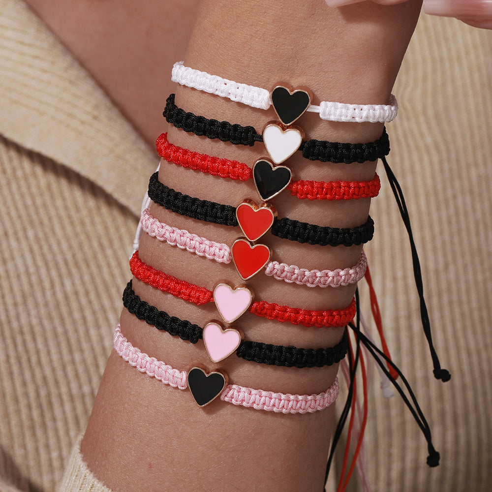 Handmade Enamel Heart Bracelet in Alloy with Braided Design for Women and Men, Minimalist Geometric Friendship Bracelet