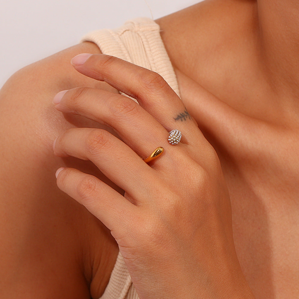 Minimalist Stainless Steel Open Ring with Teardrop Shape and Micro-Pave Setting for Women
