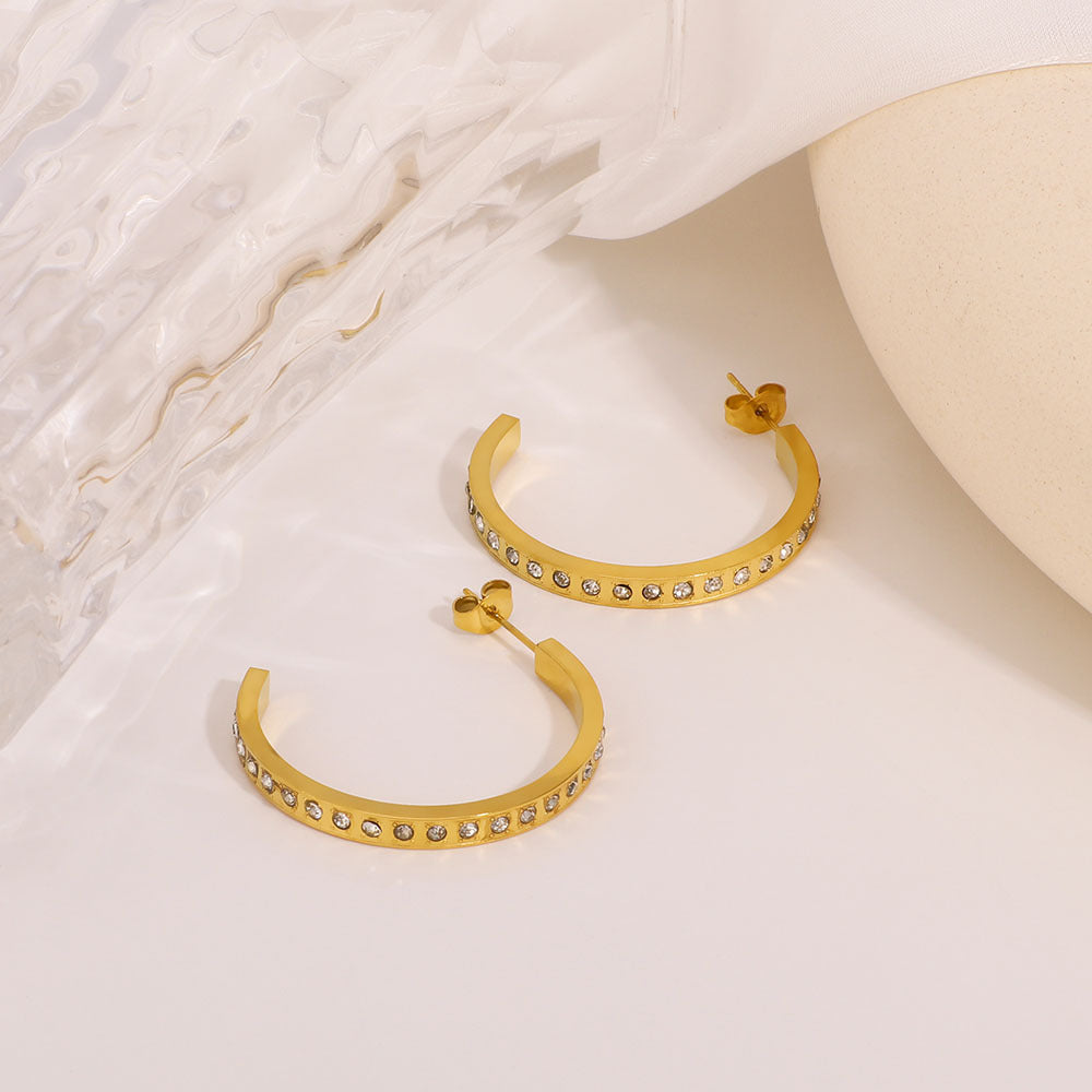 Minimalist C-Shaped Rhinestone-Embellished Stainless Steel Earrings for Women with Vacuum Plated 18K Gold Finish