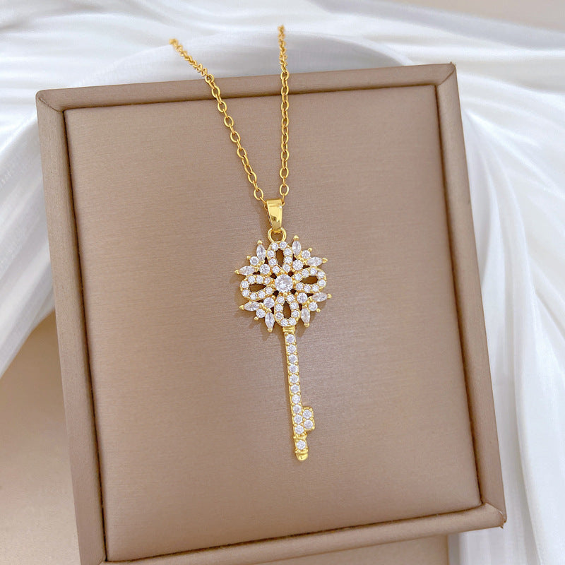 Sweet Minimalist Floral Geometric Rhinestone Pendant Titanium Steel Necklace for Unisex