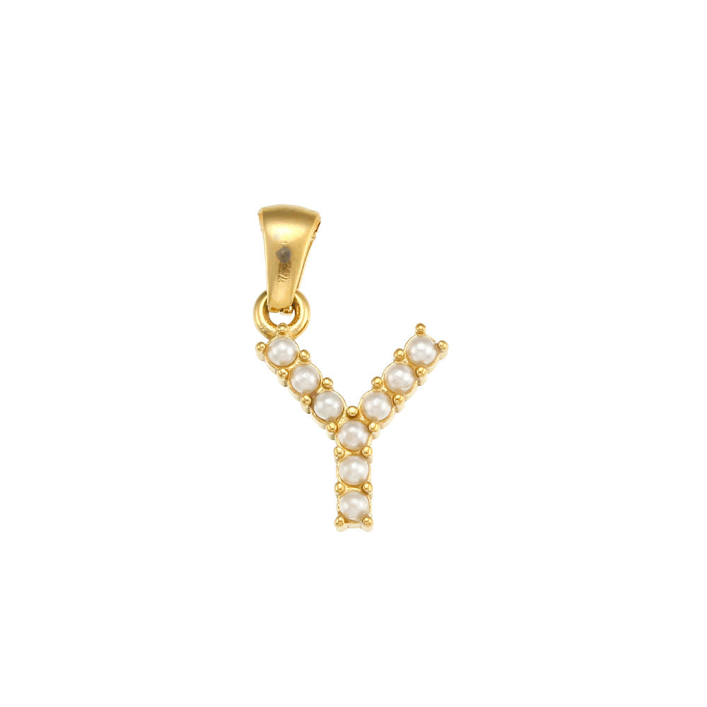 Minimalist Letter Pendant Necklace Stainless Steel with 18K Gold Plating Micro-Pave Zirconia and Pearl Accents
