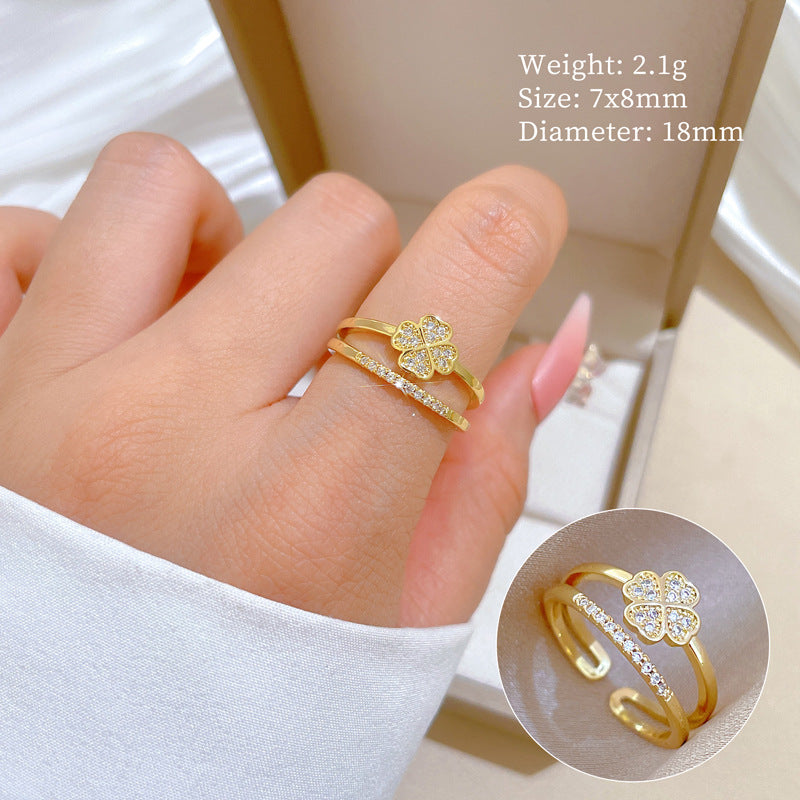 Sweet Minimalist Gold Plated Brass Floral Ring with Rhinestones Adjustable Open Band for Women and Couples