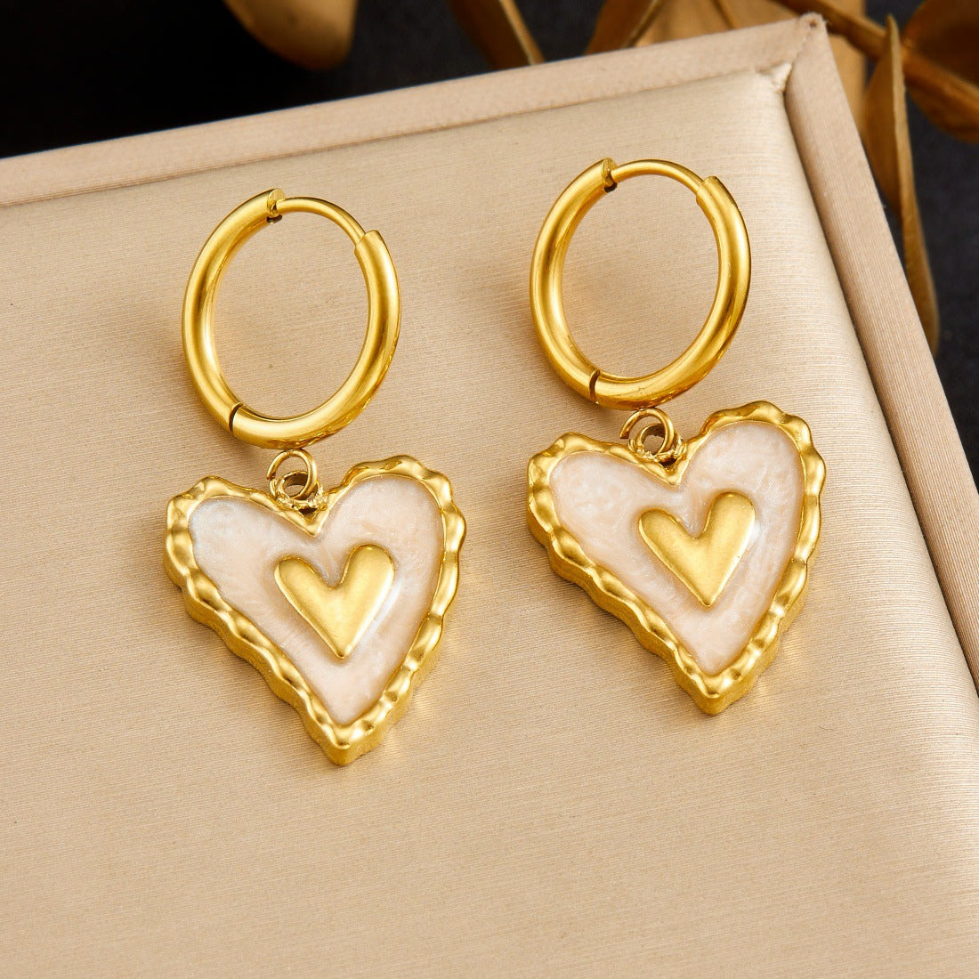 Sweet Casual Gold Plated Drip Oil Heart Stainless Steel Earrings