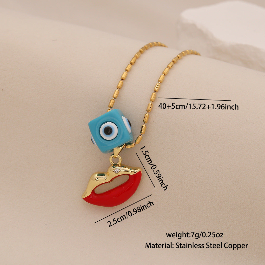 Edgy Eye and Lips Pendant Necklace in Titanium Steel with Plated Finish on Snake Chain for Women