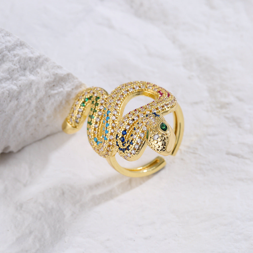 Minimalist Geometric Snake-Shaped Ring in Brass with Gold Plating and Micro-Paved Zirconia for Women