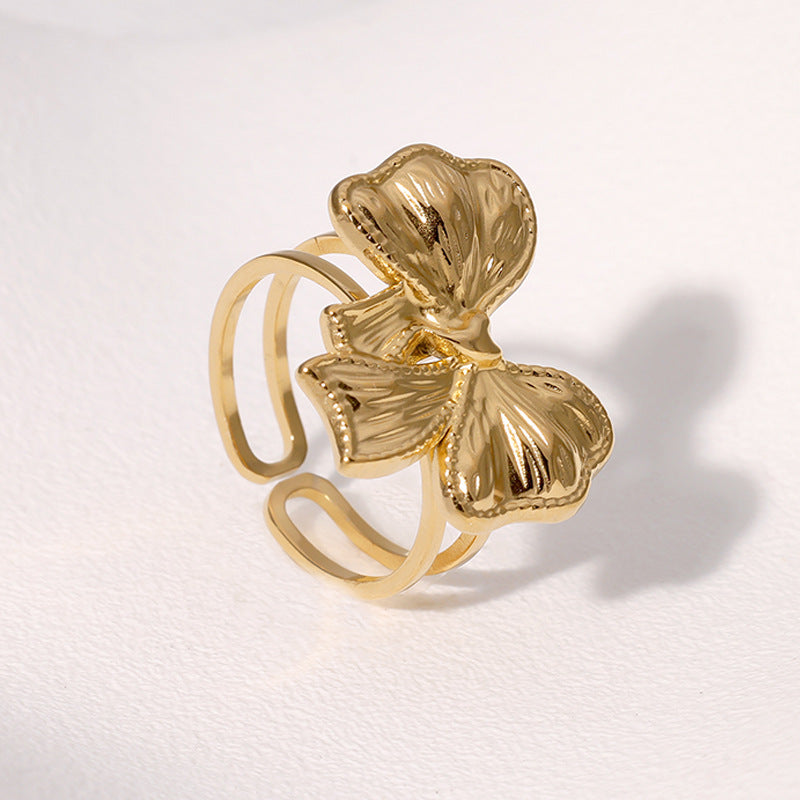 Anello Minimalista Regolabile a Forma di Fiocco in Acciaio Inossidabile da Donna con Finitura Placcata