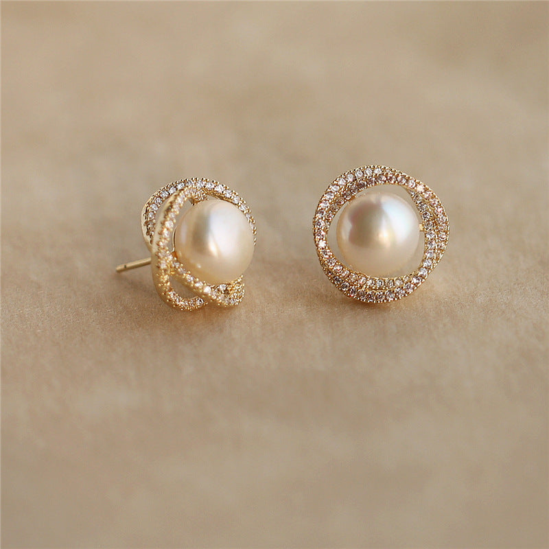 Orecchini a perno da donna geometrici minimalisti eleganti con intarsio di zirconi e perle