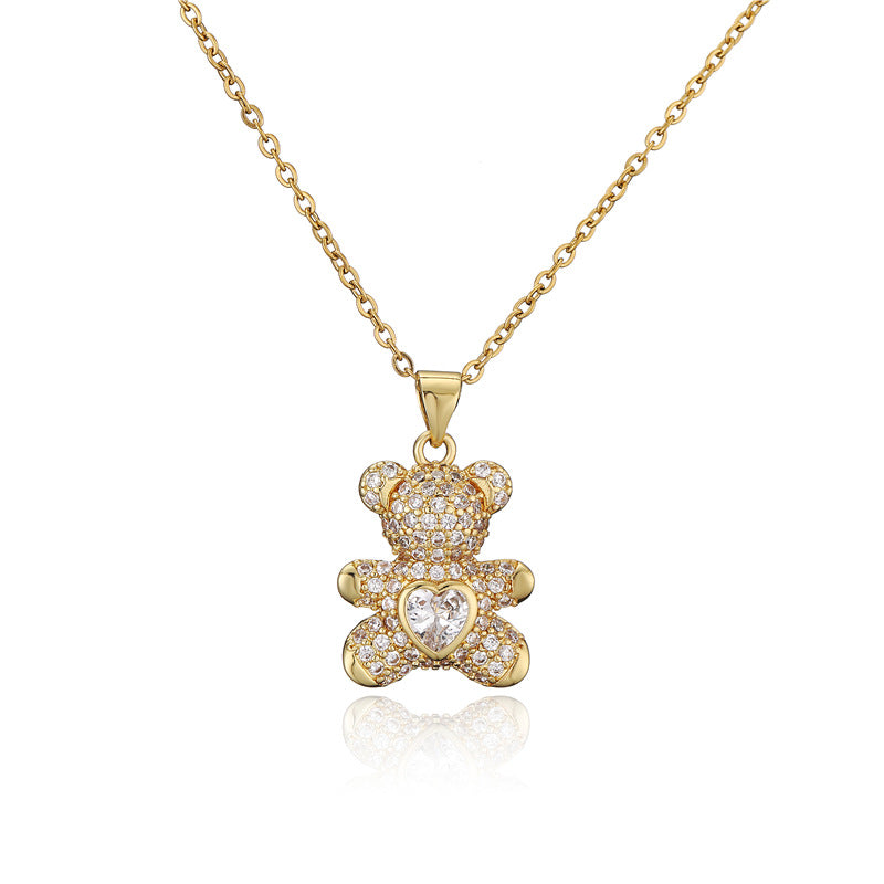 Minimalist Heart-Shaped Bear Pendant Necklace in Copper with Micro-Paved Cubic Zirconia on Snake Chain