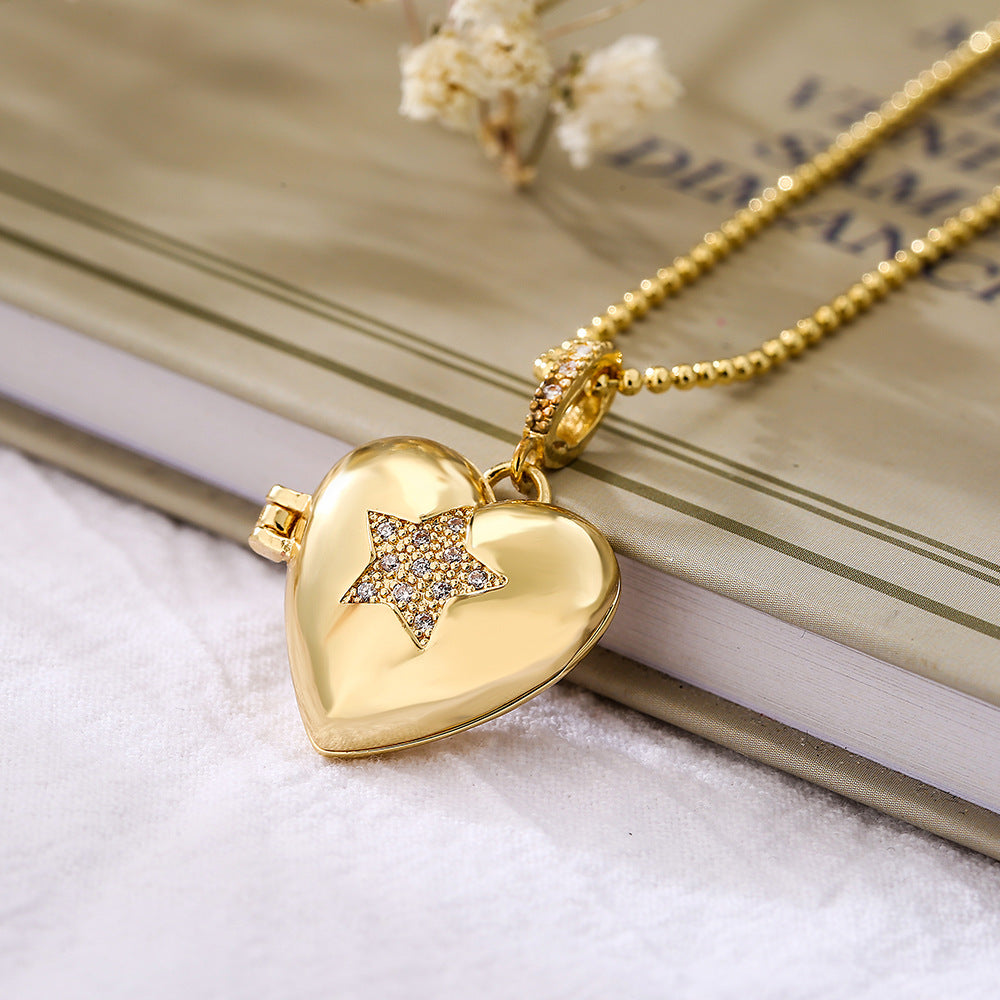 Minimalist Butterfly Star Heart Eye Photo Pendant Necklace for Women in Copper with Gold Plating and Zircon Inlay
