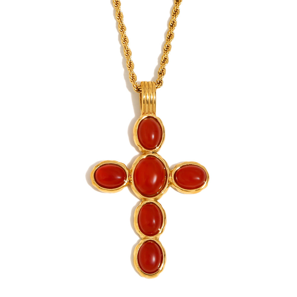 Vintage Style Cross Pendant Necklace for Women in Stainless Steel with 18K Gold Plating and Green Gemstone Accent