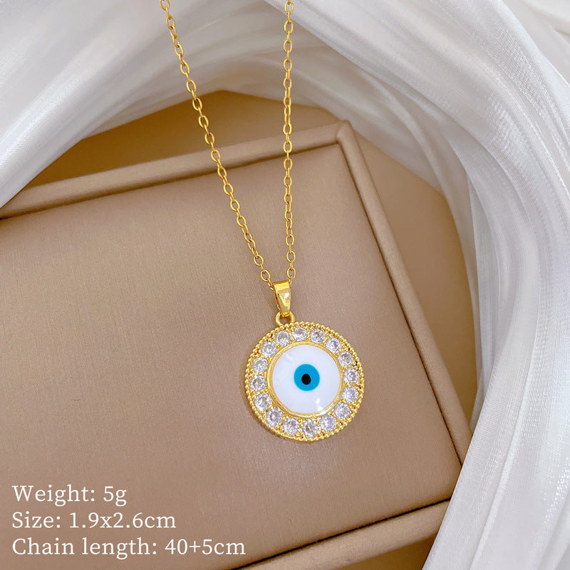 Collar con Colgante de Ojo Circular Estilo Caricatura para Mujer y Hombre de Acero de Titanio con Incrustaciones de Pedrería y Delicada Cadena de Relicario