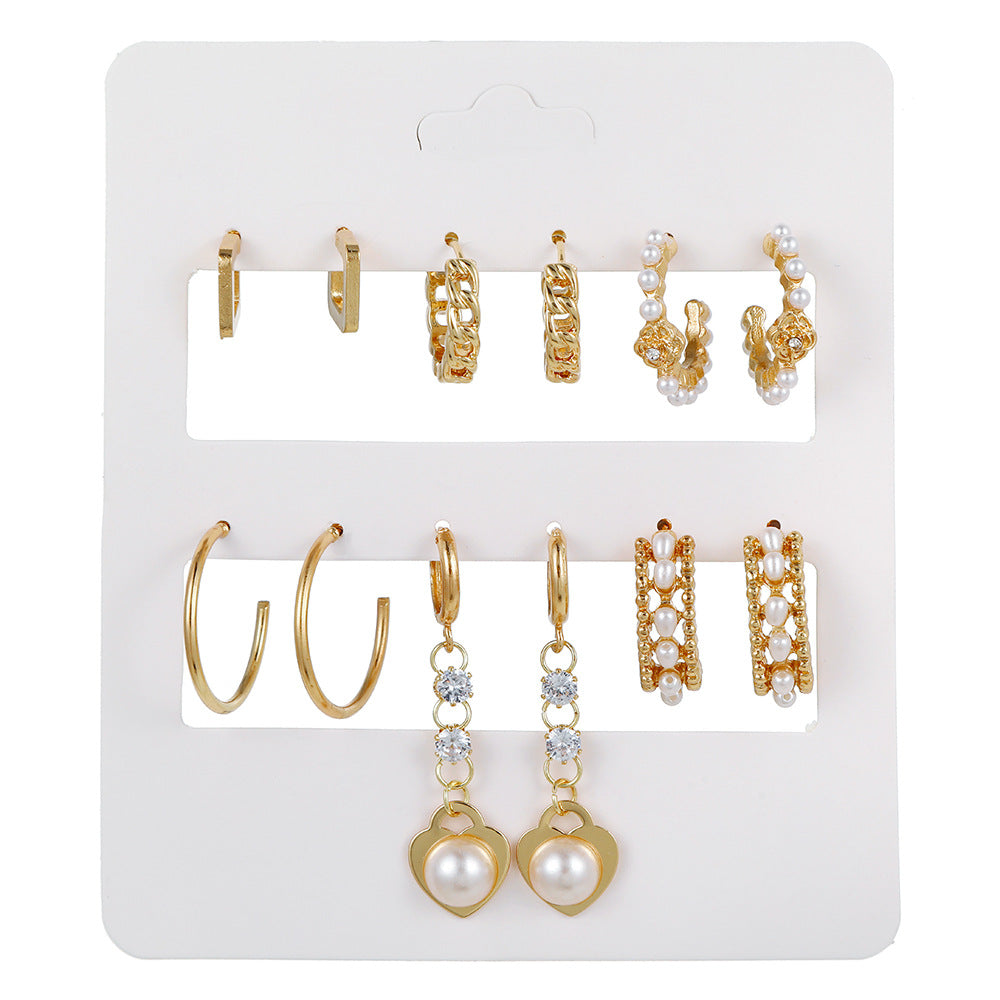 Vintage Business Geometric Square Round Alloy Plated Hoop Earring Set with Pearl Inlay for Women