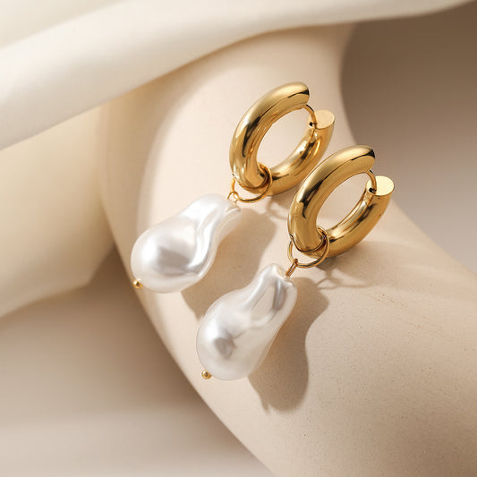 Orecchini Asimmetrici Minimalisti Geometrici con Perle da Donna in Acciaio Inossidabile con Placcatura in Oro 18K