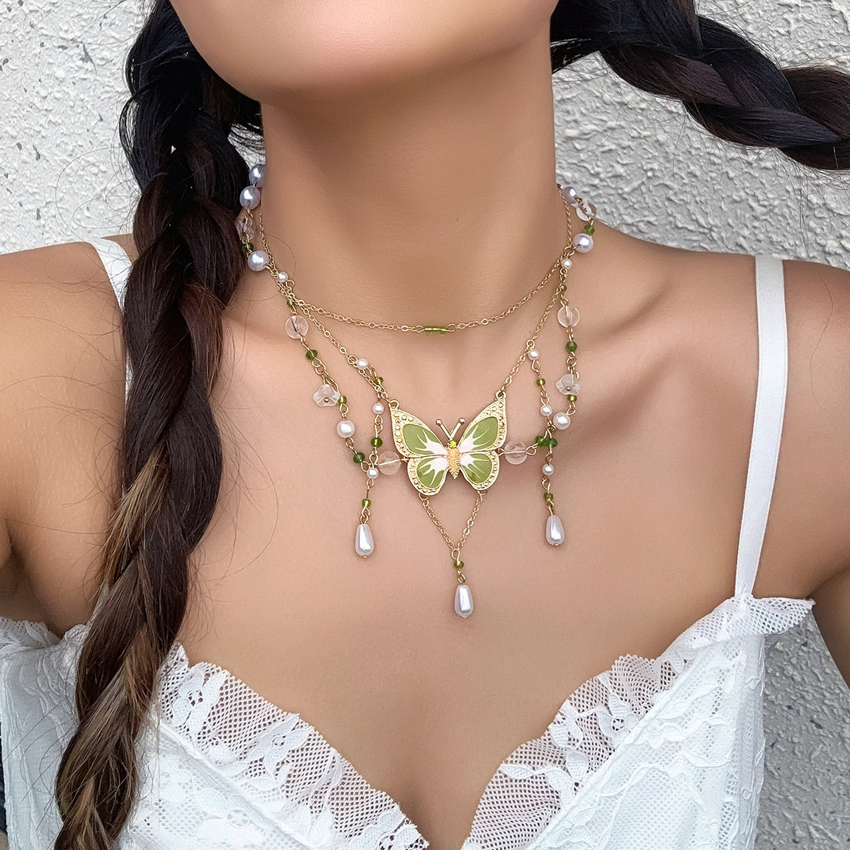 Sweet Y2K Butterfly Crystal & Faux Pearl Plated Snake Chain Choker Necklace for Women