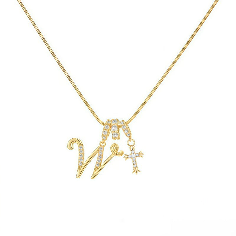 Sweet 22K Gold Plated Letter Titanium Steel Pendant Brass Cable Chain Necklace Unisex