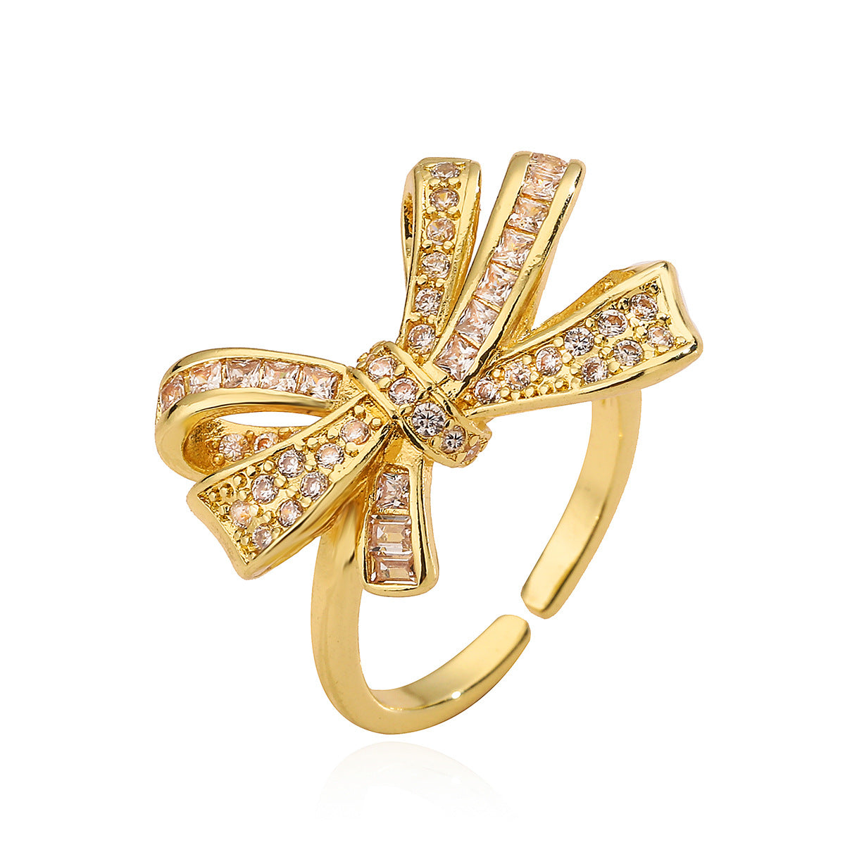 Sweet 18K Gold Plated Brass Geometric Bow Knot Ring with Cubic Zirconia for Women