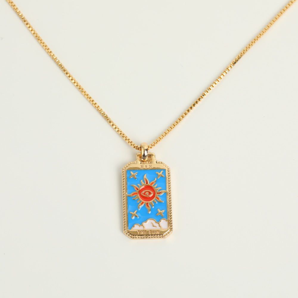 Vintage Tarot Card Pendant Necklace in Copper with Gold Plating and Enamel Finish on Box Chain for Women
