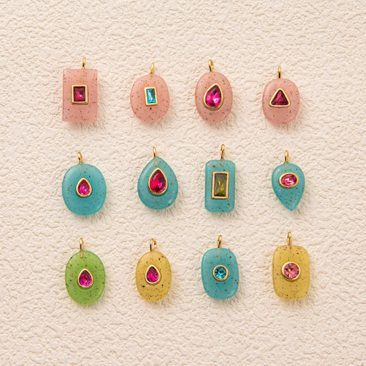 Colorful Birthstone Cubic Zirconia Round Square Glass DIY Charm Bar Gold Plated Brass Pendant