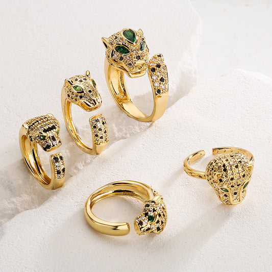 Anello aperto geometrico alla moda da donna con base in rame placcato in oro 18 carati e design a leopardo con zirconi micro-incastonati