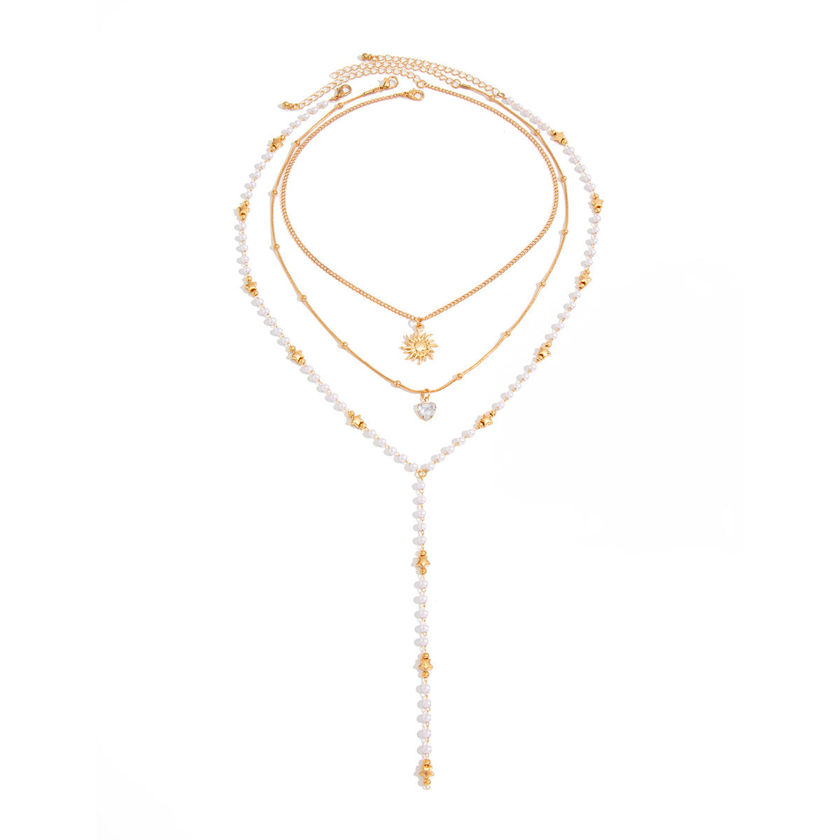 Luxury Elegant Star Plated Brass Zinc Alloy Pendant Y-Shape Layered Pearl Tassel Necklace for Women