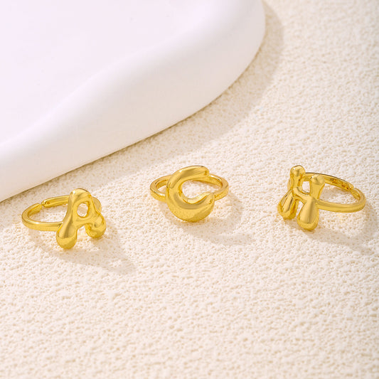Minimalist Letter-Shaped Copper Ring with Gold Plating for Women Adjustable Open Band Luxury Hand Jewelry