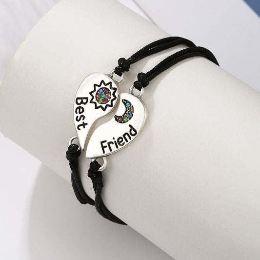 Elegant Heart Moon and Star Rhinestone Inlay Alloy Braided Bracelet Set for Women