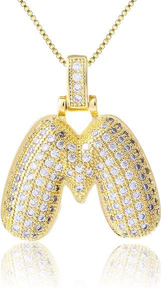 14K Gold Plated Brass Letter Pendant Necklace with Cubic Zirconia Inlay Box Chain for Women