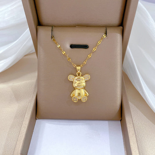 Luxury Sweet Fresh Titanium Steel Bear Pendant Necklace with Rhinestones Geometric Titanium Steel Chain