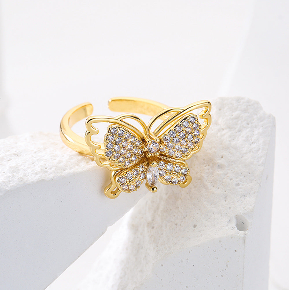 Minimalist Butterfly and Dragonfly Shaped Adjustable Copper Ring with Real Gold Plating and Zircon Inlay for Women
