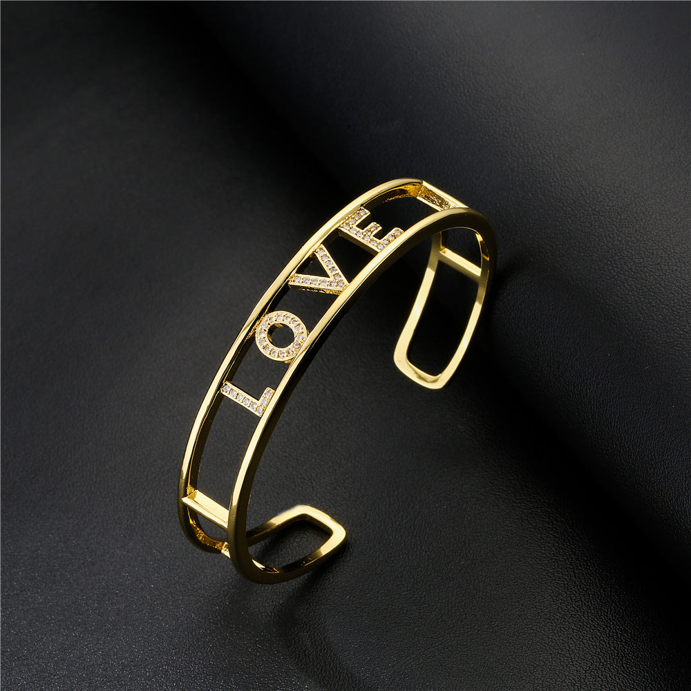 Minimalist Gold Plated Brass Micro-Inlaid Cubic Zirconia LOVE Letter Cuff Bracelet for Women