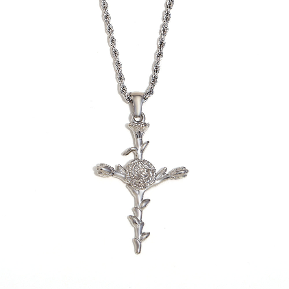 Vintage French-Style Floral Pendant Necklace in Stainless Steel with 18K Gold Plating for Women