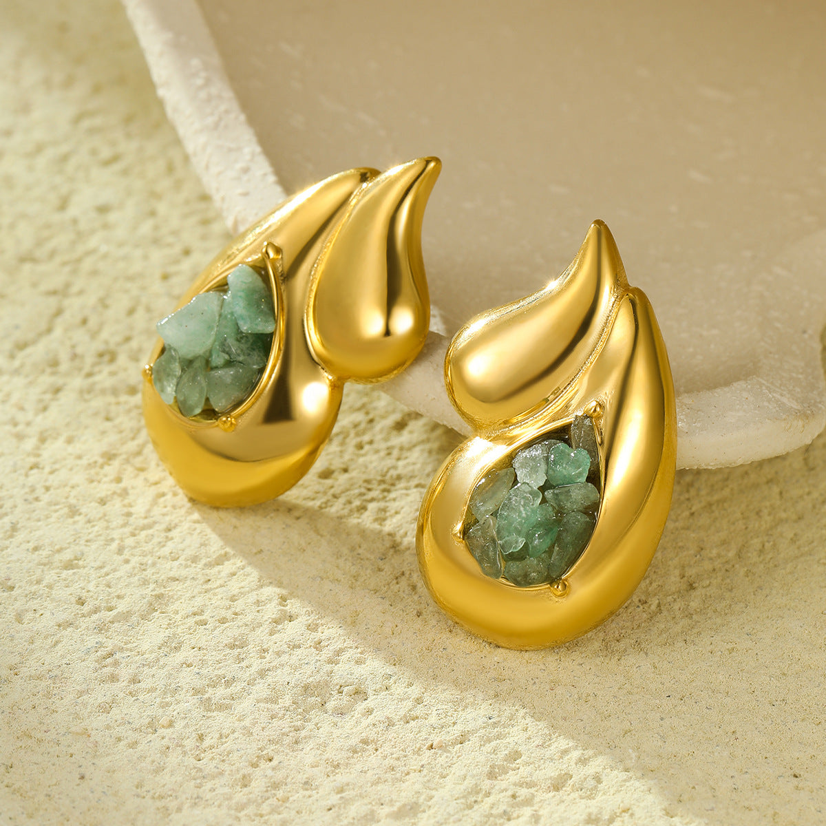 Orecchini a Goccia Doppi in Acciaio al Titanio Lucidato Stile Vintage Minimalista con Dettagli in Pietra Naturale e Placcatura in Oro 18K