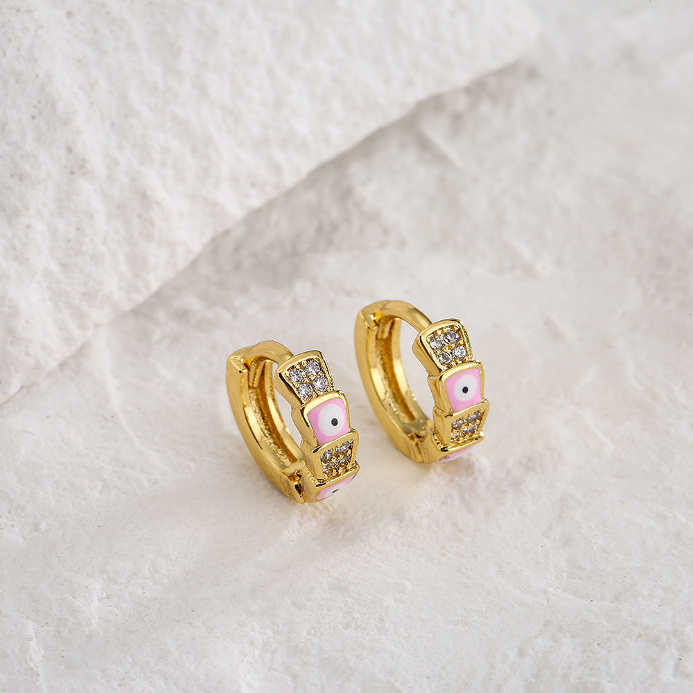 Minimalist Geometric Copper Earrings with Real Gold Plating and Enamel Eye Detail