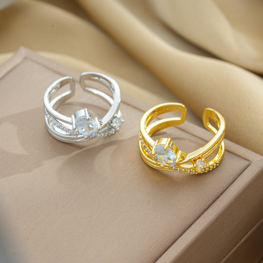 Minimalist Geometric Copper Gold-Plated Zirconia Stackable Open Ring for Women