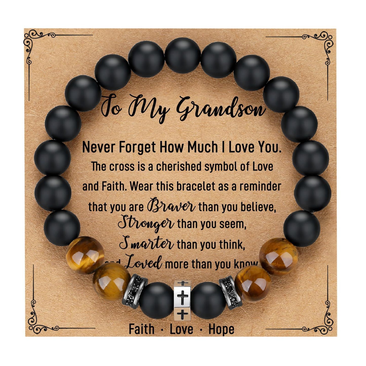 Matte Geometric Cross Tiger Eye Beaded Bracelet Stainless Steel Elastic Bangle