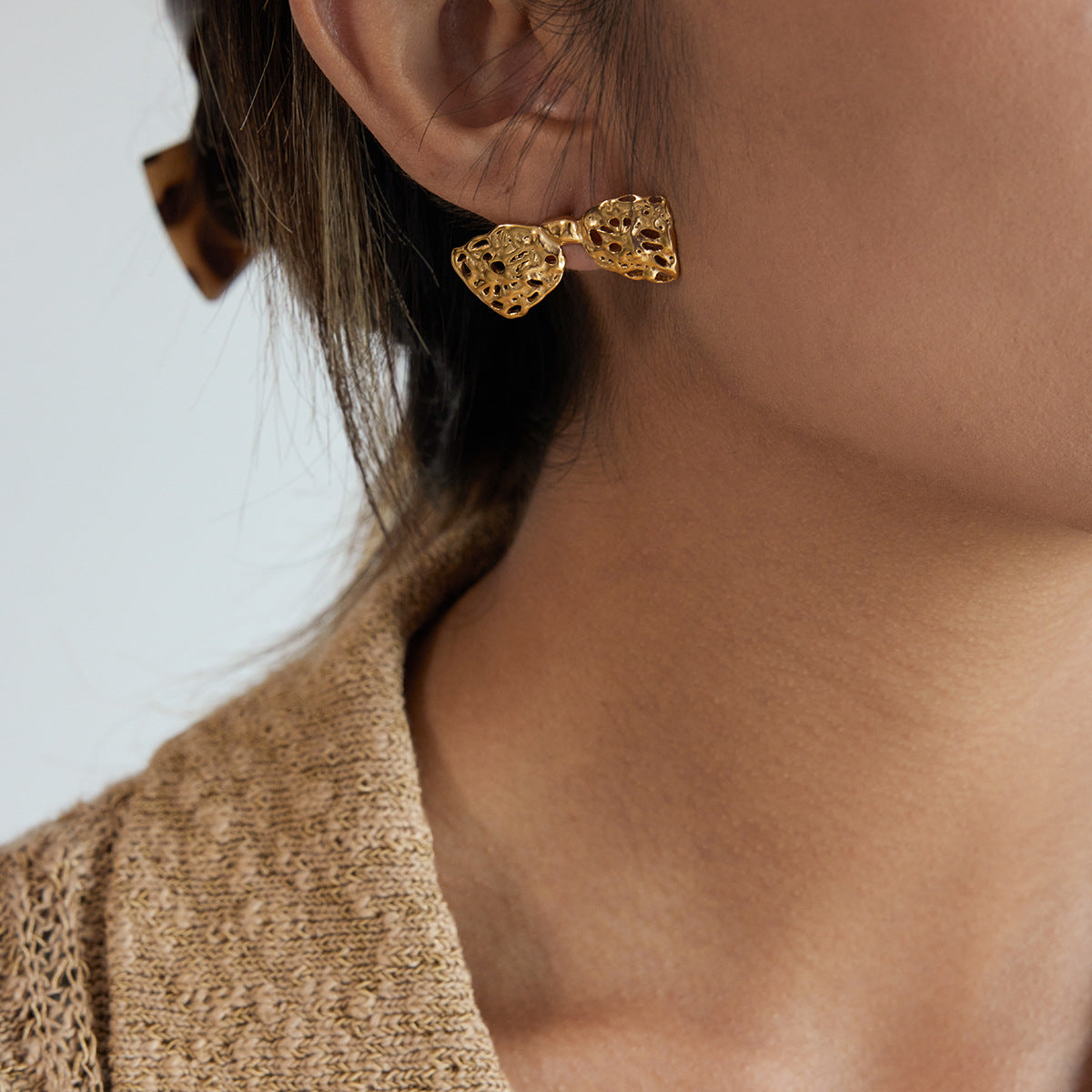 Orecchini a perno da donna lusso, minimalisti, geometrici, a fiocco, in acciaio inossidabile placcato oro 18K