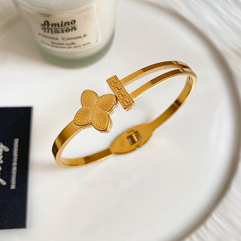 Minimalist Laser Plated Floral Titanium Steel Open Cuff Bracelet