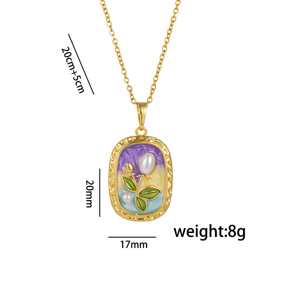 Elegant French Vintage Style Floral Pendant Necklace in Titanium Steel with Enamel Finish and O-Chain