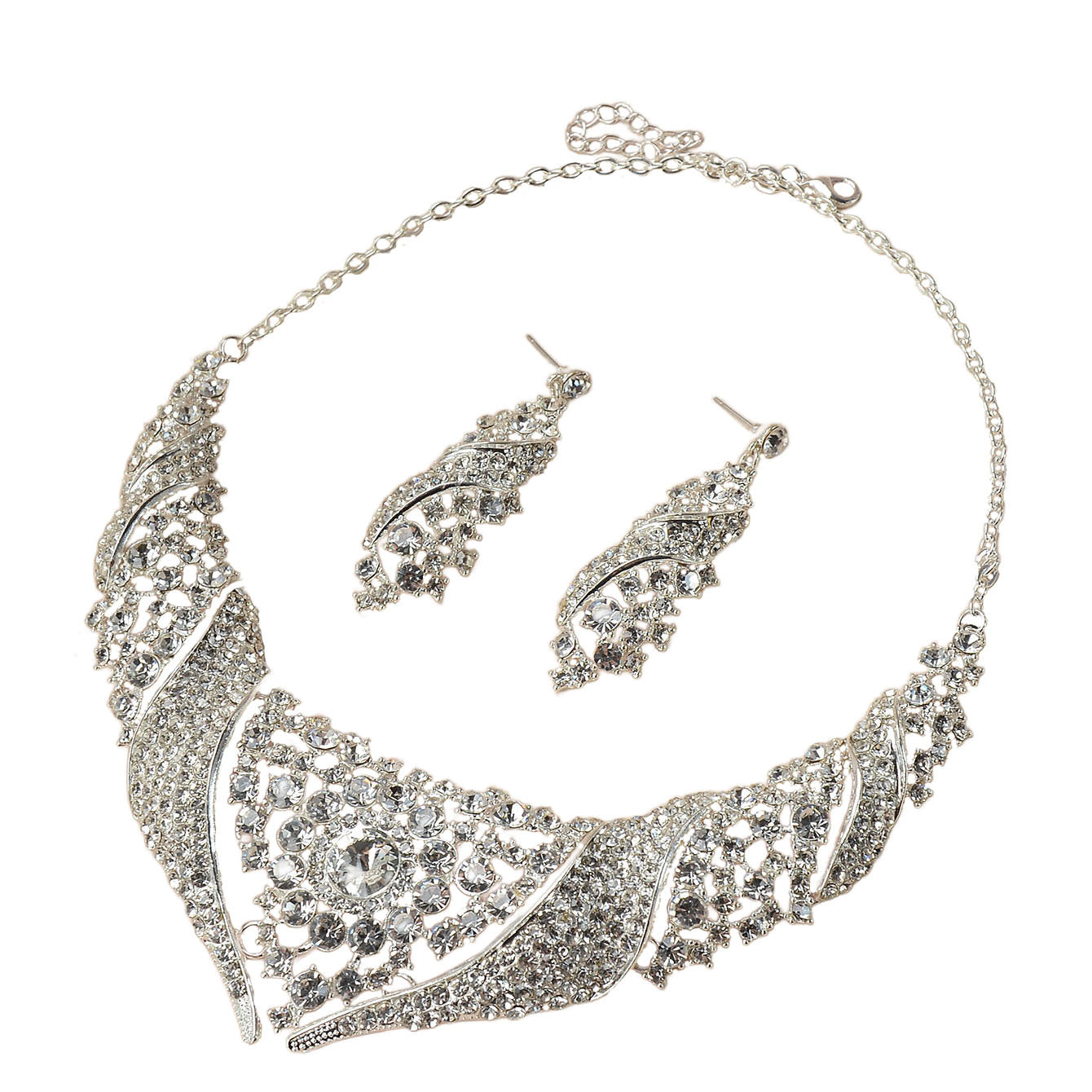 Luxury Sweet Floral Rhinestone Alloy Plated Necklace and Earring Set with Cable Chain for Women