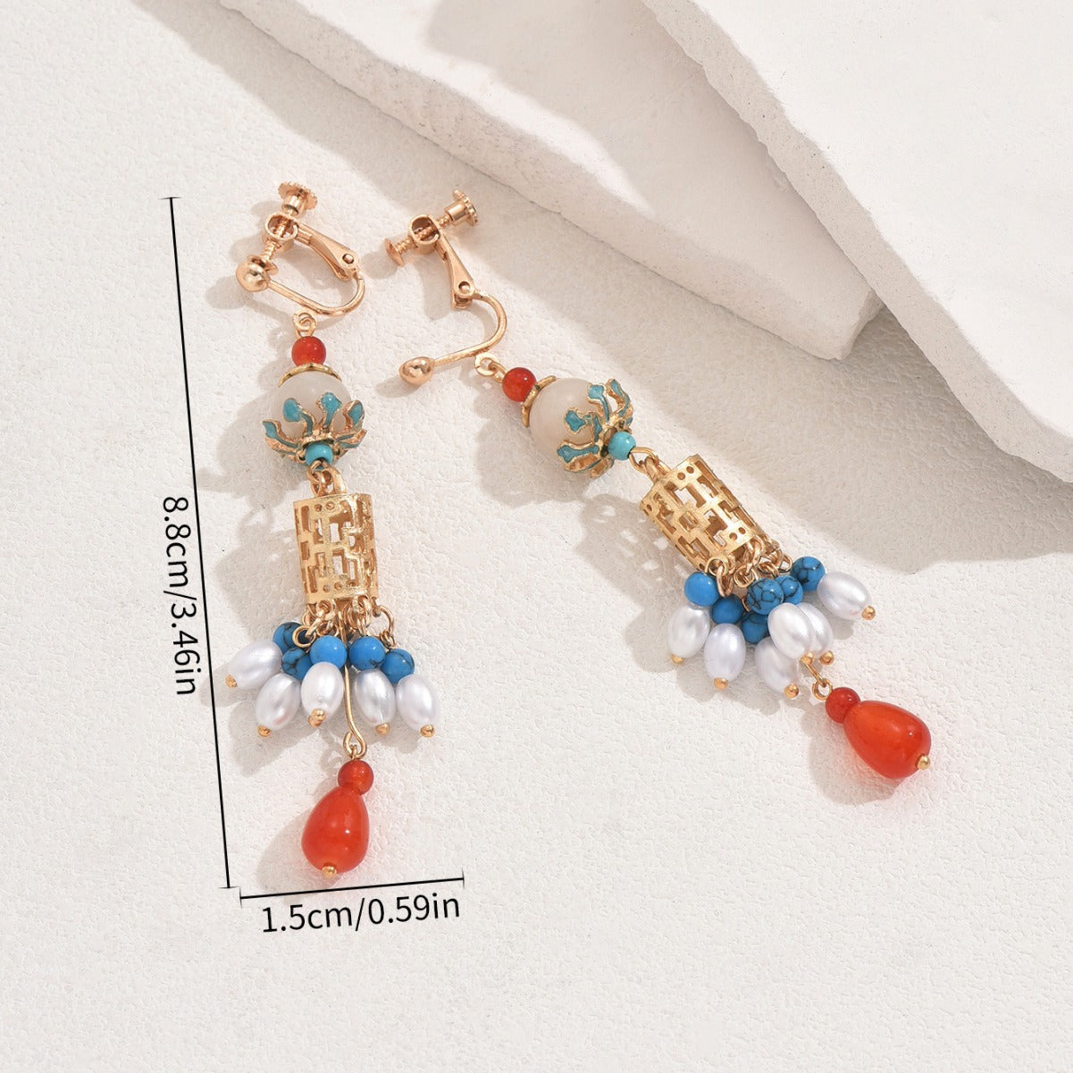 Pendientes de mujer de cobre con forma de farolillo de inspiración vintage, adornados con cristales y perlas, y postes de acero inoxidable