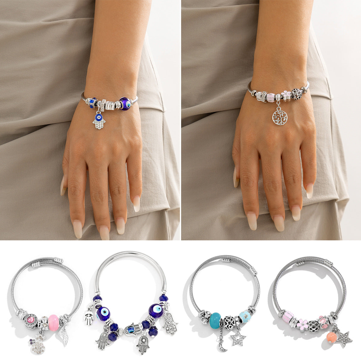 Pulsera geométrica de aleación con diseño floral rústico, dijes de ojos que brillan en la oscuridad y acabado antiguo