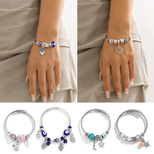 Rustic Floral-Inspired Geometric Alloy Bracelet with Glow-in-the-Dark Eye Charms and Antique Finish