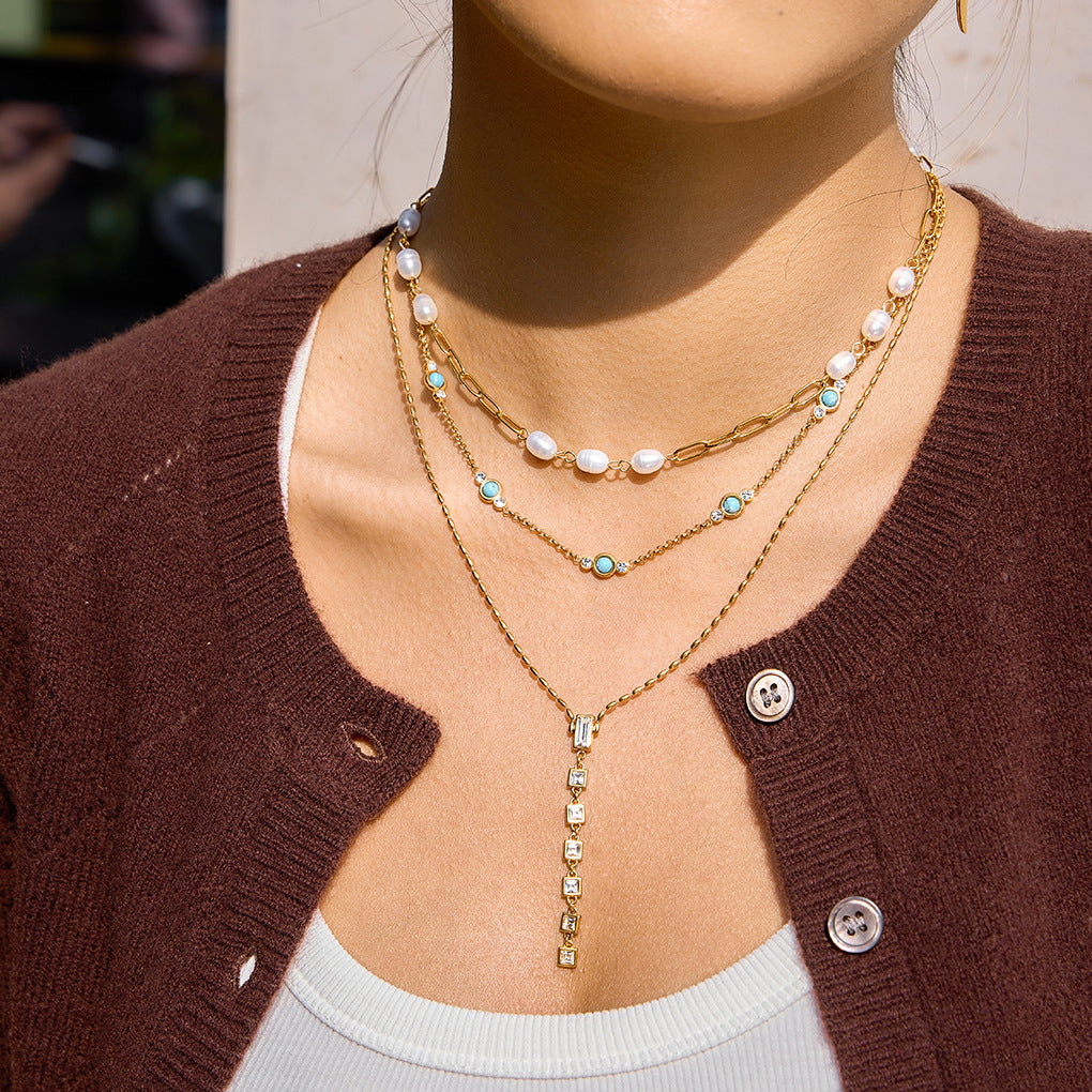 Minimalist Geometric Freshwater Pearl Titanium Steel Necklace PVD Gold Plated Stainless Steel Pendant for Women