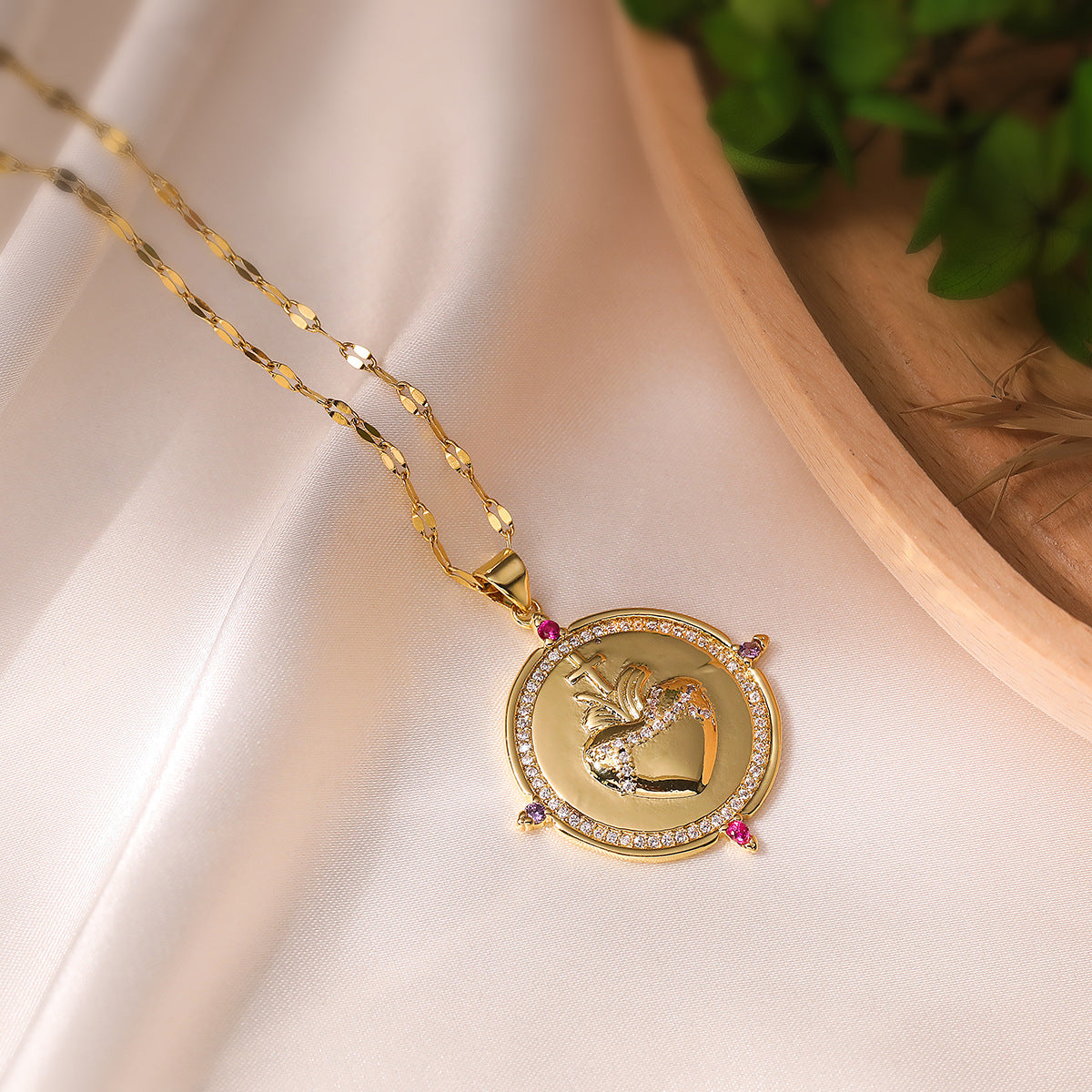 Minimalist Geometric Angel Cross Pendant Necklace for Women in Copper with 18K Gold Plating and Zircon Inlay