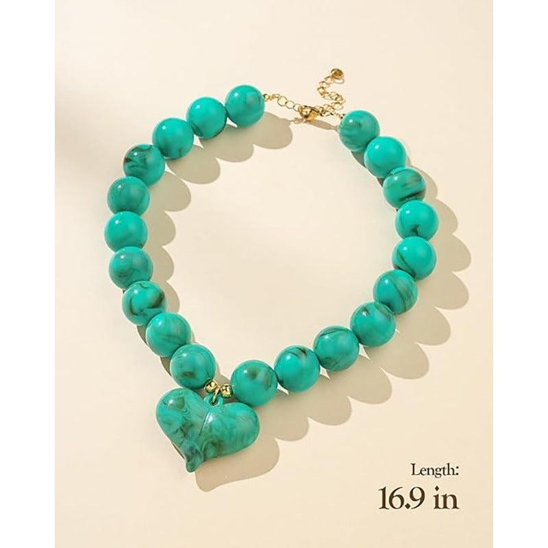 Luxury Heart Acrylic Pendant Resin Bead Necklace for Women
