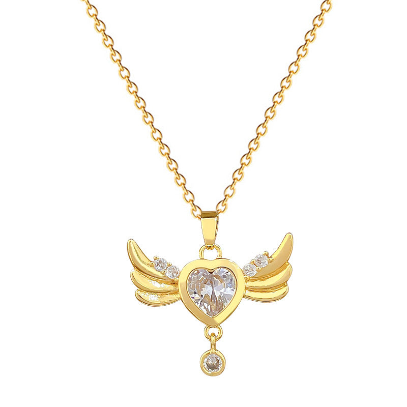 Sweet Elegant Heart Rhinestone Titanium Steel Necklace with Wing Tassel for Unisex